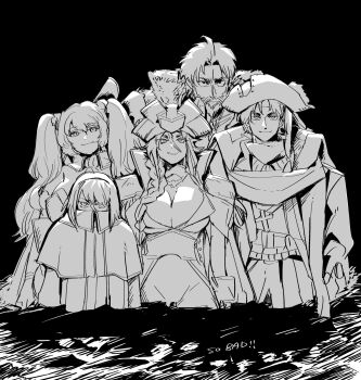  2boys 3girls anne_bonny_(fate) bartholomew_roberts_(fate) beard black_background braid breasts cleavage cross edward_teach_(fate) english_text facial_hair fate/grand_order fate_(series) francis_drake_(fate) glaring hair_over_one_eye hat high_collar highres jacket jacket_on_shoulders large_breasts long_hair looking_at_viewer mary_read_(fate) monochrome multiple_boys multiple_girls musclewata scar scar_on_face short_hair side_braid simple_background sketch smile smirk standing twintails 