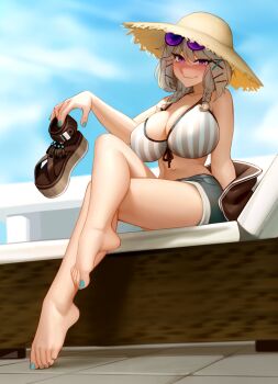  1girl absurdres aqua_nails arknights bare_arms bare_legs bare_shoulders barefoot blue_sky braid breasts commentary crossed_legs day eyewear_on_head feet full_body grey_hair hair_ornament hairclip hat highres holding holding_footwear holding_shoes holding_unworn_clothes huge_breasts kairunoburogu long_hair looking_at_viewer nail_polish navel official_alternate_costume outdoors platform_footwear purple-tinted_eyewear purple_eyes sandals shoes short_shorts shorts sitting sky smile solo straw_hat sunglasses tinted_eyewear toenail_polish toenails toes twin_braids unworn_sandals unworn_shoes utage_(arknights) utage_(summer_flowers)_(arknights) x_hair_ornament  rating:Sensitive score:282 user:danbooru