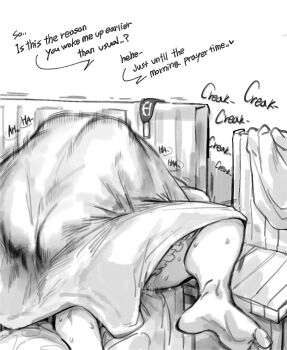  1boy 1girl bed before_and_after breasts chair coffee demon_boy doppel_(bonnypir) dress english_text fixed-point_camera frilled_dress frills implied_sex large_breasts mating_press monochrome original sagging_breasts sex sitting spread_legs under_covers 