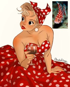  1girl alcohol breasts cleavage connie_kang creature_and_personification cup dress drinking_glass earrings faux_retro_artstyle faux_traditional_media fish humanization jewelry lipstick makeup original parody pearl_earrings personification photo-referenced photo_inset polka_dot reference_inset solo strapless strapless_dress style_parody wine wine_glass 