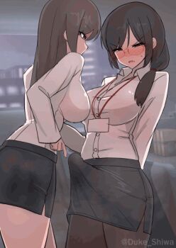  1futa 1girl animated animated_gif arms_behind_back black_hair blush breasts brown_eyes brown_hair bulge clenched_teeth cum cum_on_body cum_on_legs ejaculation ejaculation_under_clothes erection erection_under_clothes futanari glasses hair_over_shoulder indoors lanyard large_breasts large_penis long_hair office_lady orgasm original pantyhose pencil_skirt penis ponytail projectile_cum shirt shiwa_kou skirt standing sweat teasing teeth white_shirt 