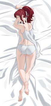  1girl :q absurdres anna_(fire_emblem) arms_up ass babydoll bare_arms bare_back bare_legs bare_shoulders barefoot breasts dakimakura_(medium) ear_piercing fire_emblem from_behind full_body fur-trimmed_babydoll half-closed_eyes highres large_breasts looking_at_viewer looking_back lying medium_hair naughty_face nintendo on_stomach panties piercing pomelomelon ponytail red_eyes red_hair solo tongue tongue_out underwear undressing white_babydoll white_panties 