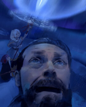  1boy 2girls =_= at_eternity's_gate casting_spell child dress elf fern_(sousou_no_frieren) frieren highres holding holding_staff looking_up magic_circle meme multiple_girls pluvium_grandis pointy_ears purple_hair sousou_no_frieren staff white_dress white_hair willem_dafoe willem_dafoe_looking_up_(meme) 