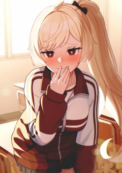  1girl absurdres ahoge backlighting black_bow black_skirt blonde_hair blush bow breasts chair classroom closed_mouth collarbone covering_own_mouth desk hair_bow hand_over_own_mouth hand_to_own_mouth hand_up highres indoors jacket jingburger jirari korean_commentary leaning_forward long_hair long_sleeves looking_at_viewer medium_breasts miniskirt multicolored_jacket nose_blush pleated_skirt ponytail red_eyes red_jacket school_chair school_desk shirt side_ponytail skirt smile solo sunlight track_jacket two-tone_jacket very_long_hair virtual_youtuber waktaverse white_jacket white_shirt window zipper zipper_pull_tab 