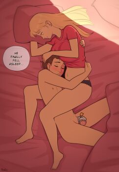  1boy 1girl black_panties blonde_hair breasts brown_hair chastity_cage closed_eyes clothed_female_nude_male english_text from_above highres hug large_breasts long_hair lying mare_ten nude on_bed on_side original panties pillow pink_shirt shirt short_hair short_sleeves small_penis speech_bubble testicles underwear  rating:Explicit score:95 user:danbooru