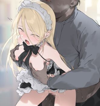  1boy 1girl ^^^ apron bare_shoulders black_bow blonde_hair blush bow bowtie breasts censored clothed_sex clothes_pull cowboy_shot dress dress_pull fat fat_man frilled_apron frills fujiyama grabbing_another's_breast grabbing_from_behind grey_shirt groping hair_between_eyes half-closed_eyes highres long_hair long_hair_between_eyes long_sleeves maid maid_apron maid_headdress mosaic_censoring nipple_stimulation nipple_tweak nipples open_mouth original pussy_juice sex sex_from_behind shirt sidelocks small_breasts standing standing_sex sweat trembling vaginal waist_apron white_apron 