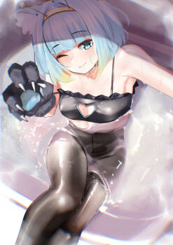  1girl absurdres animal_ear_fluff animal_ears animal_hands bath black_pantyhose blonde_hair blue_eyes blue_hair blush breasts clothing_cutout colored_tips hairband heart_cutout highres jelly_hoshiumi multicolored_hair one_eye_closed pantyhose phase_connect pupi_(rain_prophet) shadow solo virtual_youtuber water wet wet_clothes wet_pantyhose yellow_hairband 