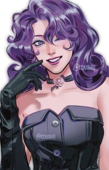  1girl ;d alternate_skin_color bare_shoulders black_choker black_gloves black_shirt blue_eyes blue_eyeshadow blush breasts bright_pupils buttons choker collarbone commentary curly_hair curtained_hair elbow_gloves english_commentary eyeshadow finger_to_cheek flower flower_choker gloves grin hair_between_eyes hair_over_shoulder hand_up highres kouxhii looking_at_viewer makeup medium_hair my_little_pony my_little_pony:_equestria_girls my_little_pony:_friendship_is_magic one_eye_closed open_mouth pink_flower pink_rose purple_hair purple_lips rarity_(equestria_girls) rarity_(my_little_pony) realistic rose shirt simple_background small_breasts smile solo straight-on strapless strapless_shirt tsurime twitter_username upper_body white_background white_pupils 