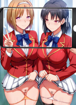  1other 2girls advanced_nurturing_high_school_uniform black_hair blazer blue_bow blue_bowtie blush bow bowtie breasts brown_hair brown_panties censored closed_mouth clothes_lift collared_shirt commentary_request daiaru embarrassed female_pubic_hair hair_ribbon hairband hallway highres holding holding_phone horikita_suzune indoors jacket kushida_kikyou large_breasts lifting_own_clothes looking_at_viewer mosaic_censoring multiple_girls panties panty_pull phone pleated_skirt pubic_hair public_indecency public_nudity pussy pussy_juice red_eyes red_jacket ribbon school_uniform shirt short_hair skirt skirt_lift sweatdrop taking_picture underwear v white_hairband white_panties white_ribbon white_shirt white_skirt youkoso_jitsuryoku_shijou_shugi_no_kyoushitsu_e  rating:Explicit score:15 user:danbooru