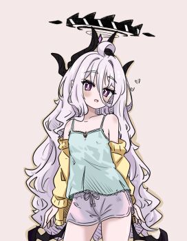  1girl ahoge alternate_costume aqua_camisole armpit_crease bare_shoulders blue_archive blush bow_camisole bright_pupils camisole cardigan cardigan_partially_removed collarbone commentary_request cowboy_shot demon_horns demon_wings dolphin_shorts e_v_e_neko grey_hair grey_shorts hair_between_eyes halo heart highres hina_(blue_archive) horns long_hair long_hair_between_eyes looking_at_viewer low_wings multiple_horns open_mouth purple_eyes short_shorts shorts simple_background smile solo thighs very_long_hair white_pupils wings yellow_cardigan 
