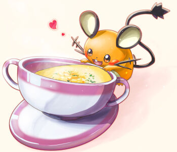  108tooya 10s :3 :d bowl dedenne food food_focus gen_6_pokemon gradient_background heart nintendo no_humans open_mouth pokemon pokemon_(creature) pokemon_xy porridge red_eyes saucer smile solo tooth 