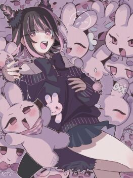  +_+ 1girl :3 :d ^_^ animalization annotated baio_rin bandana bandana_around_neck berryice_1515 black_bow black_bowtie black_hair black_nails black_skirt black_sweater blush bonnouji_momoha bow bowtie closed_eyes commentary cone_hair_bun cross-shaped_pupils dei_matsuri drooling eiai_nano fang hair_bun hair_ornament hanazono_hahari hanazono_hakari heart heart_in_eye heart_in_mouth highres iin_chiyo inda_karane jitome kakure_meme kimi_no_koto_ga_dai_dai_dai_dai_daisuki_na_100-nin_no_kanojo long_sleeves looking_at_viewer meido_mai miniskirt momi_momiji multicolored_hair nail_polish nekonari_tama nemui_nemu off-shoulder_sweater off_shoulder open_mouth pink_bow pink_hair pleated_skirt puffy_long_sleeves puffy_sleeves rabbit red_eyes rentarou_family round_teeth shirt short_hair skirt smile streaked_hair sutou_iku sweater symbol-shaped_pupils symbol_in_eye teeth too_many too_many_rabbits translated two-tone_hair upper_teeth_only usami_shiina utsukushisugi_mimimi white_shirt xo yakuzen_kusuri yakuzen_yaku yamato_nadeshiko_(hyakkano) yoshimoto_shizuka 