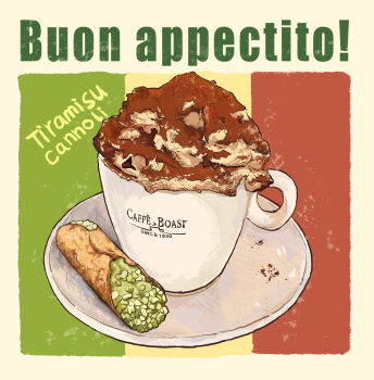  bukepan_menpou cannoli coffee coffee_mug cup food food_focus food_name highres italian_flag italian_text mug no_humans original saucer tiramisu  rating:General score:3 user:danbooru