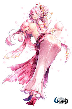  1girl armlet ass ass_focus back belt bent_over blush bracelet breasts china_dress chinese_clothes chinese_hairpin chinese_knot copyright_logo dress flower flower_hair_stick flower_knot flower_symbol food fruit full_body hair_between_eyes hair_bun hair_flower hair_ornament hair_ribbon hair_stick hand_on_own_chest high_heels highres holding holding_food holding_fruit huge_ass huge_breasts japanese_clothes jewelry juice kataginu large_breasts laughing leaning_to_the_side logo long_hair_between_eyes looking_to_the_side medium_hair momo_(amaetai_hi_wa_soba_ni_ite) mucus no_bra no_panties open_mouth original peach peach_blossom petals pink_eyes pink_hair ponytail poseich pussy_juice ribbon see-through_clothes see-through_dress simple_background smile solo sparkle unleashed waist_cape wet wet_clothes wet_dress white_background wide_hips 