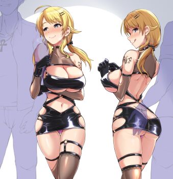  1boy 1girl :q ahoge arm_tattoo ass back_tattoo black_dress black_gloves blonde_hair blue_eyes blush bodycon breasts choker closed_mouth commentary_request corruption cowboy_shot dress ear_piercing gloves hachimiya_meguru hair_ornament hairclip hand_on_another's_ass hetero highres holding_another's_arm idolmaster idolmaster_shiny_colors large_breasts long_hair low_twintails multiple_views navel o-ring o-ring_choker o-ring_dress o-ring_thigh_strap panties pantyshot piercing pink_panties prostitution smile standing tattoo thigh_strap thighhighs tongue tongue_out tramp_stamp twintails twogie underwear 