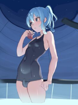  1girl absurdres aqua_hair ayeon blue_eyes breasts bulge covered_navel drink_carton erection erection_under_clothes futanari highres hololive hoshimachi_suisei juice_box night ponytail school_swimsuit small_breasts solo swimsuit virtual_youtuber 