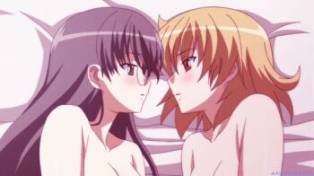  2girls aki_sora animated animated_gif aoi_nami bed french_kiss glasses holding_hands interlocked_fingers kiss long_hair lowres multiple_girls nude on_bed orange_hair purple_hair short_hair sumiya_kana yuri  rating:Questionable score:136 user:danbooru