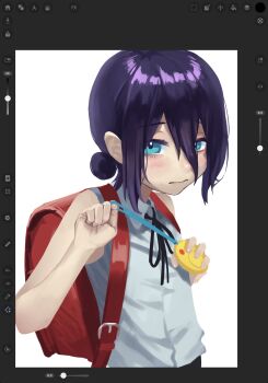  1girl aged_down aqua_eyes art_program_in_frame backpack bag black_ribbon blush chainsaw_man closed_mouth crime_prevention_buzzer hair_between_eyes hair_bun highres kanopikami long_hair_between_eyes looking_at_viewer neck_ribbon purple_hair randoseru red_bag reze_(chainsaw_man) ribbon shirt short_hair simple_background sleeveless sleeveless_shirt solo upper_body white_background white_shirt 
