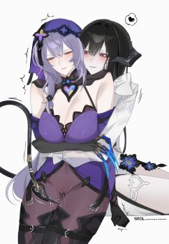  2girls absurdres arms_around_waist arms_under_breasts artist_name belt black_flower black_gloves black_hair black_hands black_horns black_pantyhose black_swan_(honkai:_star_rail) black_tail blush breasts bustier claw_(weapon) cleavage clenched_hand closed_eyes clothed_sex colored_extremities covered_groin covered_navel cowboy_shot curled_horns demon_girl demon_horns demon_tail double-parted_bangs elbow_gloves evil_grin evil_smile flower frilled_sleeves frills front-to-back furrowed_brow gloves grin halterneck head_on_another's_shoulder heart heart-shaped_pupils highres honkai:_star_rail honkai_(series) horns hug hug_from_behind invisible_chair jewelry lace-trimmed_bustier lace_trim large_breasts long_hair long_sleeves looking_at_another mole mole_under_eye motion_lines multiple_girls narrowed_eyes nose_blush pale_skin pantyhose purple_bustier purple_gloves purple_hair purple_veil pussy_juice pussy_juice_drip_through_clothes pussy_juice_stain pussy_juice_trail red_eyes restrained seol_(baconontheclock) sidesaddle simple_background sitting smile spaghetti_strap spoken_heart stained_clothes symbol-shaped_pupils tail tail_ornament the_dahlia_(honkai:_star_rail) thigh_belt thigh_gap thigh_strap thighlet thighs twitching veil very_long_hair weapon white_background yuri 