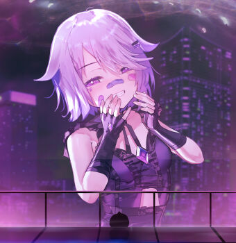 1girl absurdres advarcher bandaid bandaid_on_face bandaid_on_nose black_jacket black_skirt blade_runner_(series) blade_runner_2049 chest_jewel commentary english_commentary gem goslingposting_(meme) grey_hair highres hololive hololive_english jacket jewel_under_eye koseki_bijou koseki_bijou_(casual) lapwing_(vrchat) looking_at_viewer meme official_alternate_costume official_alternate_hairstyle pebble_(koseki_bijou) purple_eyes purple_gem short_hair skirt solo virtual_youtuber vrchat you_look_lonely_(meme)