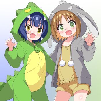  2girls :d animal_hood bare_legs blue_background blue_hair brown_hair child claw_pose colored_inner_hair commentary_request cosplay costume_switch cowboy_shot crossover dinosaur_costume dinosaur_hood fang gochuumon_wa_usagi_desu_ka? gradient_background green_background green_eyes grey_hoodie highres hood hood_up hoodie jouga_maya jouga_maya_(cosplay) kigurumi long_sleeves looking_at_viewer multicolored_hair multiple_girls oka_asahi oka_asahi_(cosplay) onii-chan_wa_oshimai! open_clothes open_hoodie open_mouth orange_hair pom_pom_(clothes) rabbit_hood sakuzo shorts simple_background smile star-shaped_pupils star_(symbol) symbol-shaped_pupils two-tone_hair yellow_eyes yellow_shorts zipper_pull_tab 