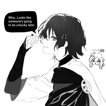  1boy 1girl anger_vein annoyed armor averting_eyes bridal_gauntlets cape commentary curled_fingers diamond-shaped_pupils diamond_(shape) disembodied_head english_commentary english_text feather_hair_ornament feathers fingernails flower from_side genshin_impact greyscale hair_flower hair_ornament hand_up highres japanese_armor japanese_clothes kimono kote layered_sleeves looking_at_viewer lumine_(genshin_impact) middle_ring monochrome nervous_sweating profile purple_eyes rope scaramouche_(genshin_impact) short_hair short_hair_with_long_locks short_sleeves sidelocks speech_bubble spot_color sweat symbol-shaped_pupils turtleneck wanderer_(genshin_impact) wet whisper_(suisuibingtang) x_mouth 