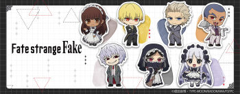  3girls 4boys alexandre_dumas_(fate) alternate_costume apron black_eyes black_hair blonde_hair blue_eyes brown_eyes brown_hair butler chibi chibi_only dark-skinned_female dark_skin dress enmaided fate/strange_fake fate_(series) francesca_prelati_(fate) gilgamesh_(fate) grey_hair jacket jester_karture long_hair maid maid_apron maid_headdress multicolored_teeth multiple_boys multiple_girls necktie no_name_assassin_(fate) official_art orlando_reeve promotional_art red_eyes second-party_source shirt short_hair tine_chelc white_hair 