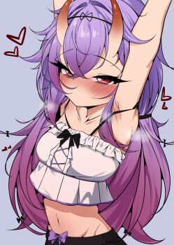  1girl armpit_crease armpit_peek armpits bags_under_eyes breasts gradiant_hair highres hip_bones indie_virtual_youtuber kamihoshi_project kkrazyyyy1 loli looking_at_viewer monster_girl oni pink_hair purple_hair red_eyes sleepy small_breasts stomach syd_karasukami virtual_youtuber 