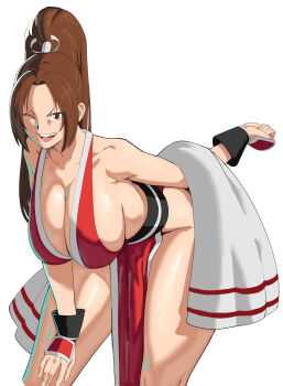  1girl breasts brown_hair cleavage fatal_fury large_breasts long_hair looking_at_viewer ninja octavius_dp one_eye_closed pelvic_curtain ponytail shiranui_mai teeth the_king_of_fighters upper_teeth_only very_long_hair white_background wink 