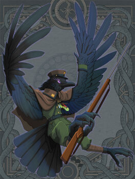  armband beak belt bird black_wings brown_hat dairoku_ryouhei eye_trail feathered_wings full_body furry green_pants green_shirt grey_background gun hat highres holding holding_gun holding_weapon jyuusimatu light_trail military_uniform pants pocket purple_eyes shirt solo talons weapon wings 