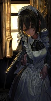  1girl absurdres apron black_bow black_bowtie black_dress black_hair bow bowtie collared_dress curtains dress green_eyes gun handgun head_tilt highres holding holding_gun holding_weapon indoors long_sleeves maid maid_apron maid_headdress mauser_c96 medium_hair mole mole_under_eye original parted_lips safutsuguon solo weapon white_apron 