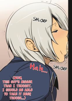  1girl angel_(kof) blue_eyes deepthroat english_text erection fellatio female_focus greco_roman_(spiral_brain) highres jacket leather open_mouth oral penis short_hair spiral_brain the_king_of_fighters wet white_hair 