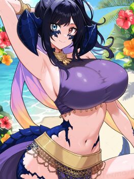  1girl arm_up armpits au_ra beach black_hair blue_eyes blue_sky bracelet breasts cropped_shirt dragon_girl dragon_horns dragon_tail final_fantasy final_fantasy_xiv flower gradient_hair heterochromia highres horns huge_breasts jewelry long_hair looking_at_viewer midriff momoomomothill multicolored_hair navel orange_flower outdoors palm_leaf pelvic_curtain purple_hair purple_shirt red_eyes red_flower sand scales shirt sky smile solo tail upper_body water 