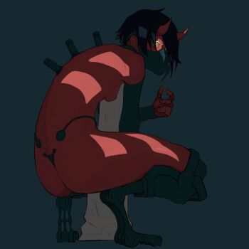  1girl black_hair c-string colored_skin cybernetics highres horns mask mechanical_legs nicola_suke nude oni prosthesis red_skin short_hair squatting strapless_bottom tagme yellow_eyes 