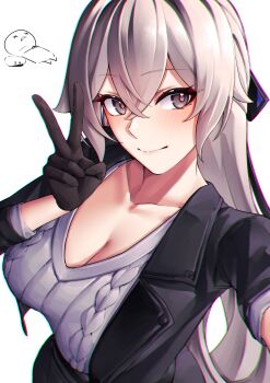  1boy 1girl absurdres black_jacket black_skirt breasts bronya_zaychik bronya_zaychik_(outstanding_attitude) bronya_zaychik_(silverwing:_n-ex) captain_(honkai_impact) cleavage closed_mouth collarbone commentary_request cowboy_shot grey_eyes grey_hair grey_sweater guy_tired_after_sex_(meme) hair_between_eyes highres honkai_(series) honkai_impact_3rd jacket korean_commentary large_breasts long_hair long_sleeves looking_at_viewer meme official_alternate_costume pink_pupils pov pyeong_il skirt smile sweater very_long_hair 