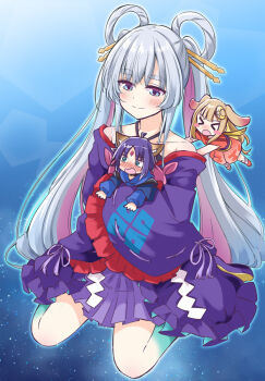  >_< 3girls @_@ ahoge animal_ears blue_eyes blue_kimono cho_kaguya-hime! closed_mouth collarbone colored_inner_hair commentary_request egasumi flying fox_ears fox_girl green_eyes hair_ornament hair_rings hair_stick holding holding_mini_person ichimi japanese_clothes kaguya_(cho_kaguya-hime!) kimono long_hair mini_person multicolored_eyes multicolored_hair multiple_girls off_shoulder open_mouth pink_eyes pink_hair purple_kimono rabbit_ears rabbit_girl red_kimono runami_yachiyo sakayori_iroha sleeves_past_fingers sleeves_past_wrists two-tone_eyes white_hair 