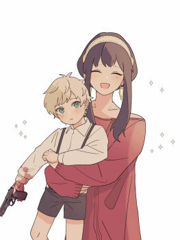  1boy 1girl absurdres aged_down arms_around_waist beretta_92 black_hair black_shorts blonde_hair blood blood_on_clothes blue_eyes blush carrying carrying_person closed_eyes collared_shirt commentary_request cowboy_shot dress earrings gun hairband hakuuyori handgun highres holding holding_gun holding_weapon hug hug_from_behind jewelry long_sleeves open_mouth parted_lips red_dress shirt short_hair short_hair_with_long_locks shorts sidelocks smile sparkle spy_x_family suspenders time_paradox twilight_(spy_x_family) weapon white_background white_hairband white_shirt yor_briar 