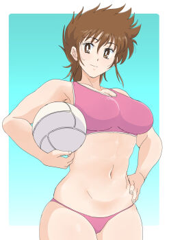  1girl ball brown_hair hand_on_own_hip highres honoo_no_toukyuuji:_dodge_danpei ichigeki_haruka mature_female midriff mizukane navel short_hair solo_focus sports_bikini swimsuit  rating:Questionable score:6 user:GMSniper56