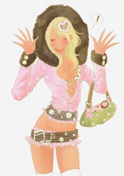  ! 1girl :o aiyuni artist_name bag bag_charm belt bikini black_belt black_fur blonde_hair blush breasts buttons charm_(object) closed_eyes commentary cowboy_shot cropped_jacket dress english_commentary eyelashes fashion fingernails frilled_dress frilled_jacket frills front-tie_bikini_top front-tie_top fur-trimmed_jacket fur_trim green_bag hair_ornament handbag hands_up heart heart_hair_ornament highres hood hood_up hooded_jacket jacket kneehighs large_belt long_fingernails long_sleeves lowleg lowleg_skirt midriff miniskirt multicolored_bag musical_note navel no_eyebrows no_nose open_hands original paper_background partially_unbuttoned pink_bag pink_belt pink_dress pink_jacket pink_nails polka_dot polka_dot_bag polka_dot_bikini skirt small_breasts socks star_(symbol) star_charm star_print swept_bangs swimsuit tan teeth two-tone_belt wavy_hair white_background white_bikini white_socks y2k_fashion 