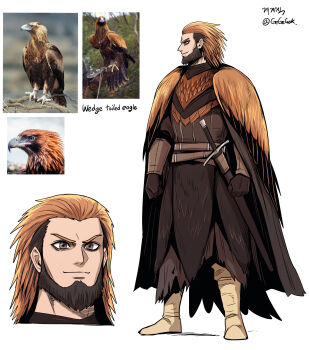  1boy absurdres artist_name beard belt bird bracer brown_eyes brown_hair cape creature_and_personification eagle facial_hair feather_cape gegegekman gloves hair_pulled_back highres multicolored_hair multiple_belts multiple_views orange_hair original personification photo_inset reference_inset sheath sheathed signature solo sword two-tone_hair weapon 