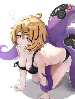  1girl absurdres all_fours alternate_costume black_bra black_panties blonde_hair blush bra breasts collarbone commentary_request cowlick hair_between_eyes highres lace lace-trimmed_bra lace_trim large_breasts looking_at_viewer mole mole_under_mouth monster_girl panties parted_lips purple_eyes scylla shadow sharlll short_hair simple_background solo squeans suction_cups tentacle_girl tentacle_tail tentacles underwear white_background yidhari_murphy zenless_zone_zero 