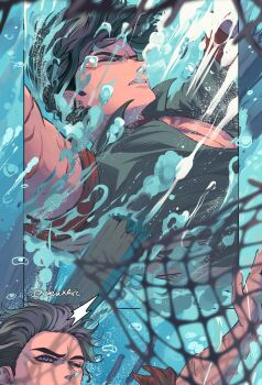  1boy absurdres air_bubble alternate_costume black_hair bubble clenched_teeth closed_eyes closed_mouth commentary english_commentary falling fishing_net genshin_impact highres male_focus naya_(onaxart) scar scar_on_neck shirt short_hair submerged teeth twitter_username water wriothesley_(genshin_impact) 