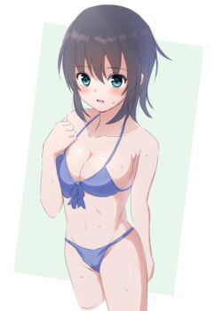  1girl aoi_erika bare_arms bare_shoulders bikini black_hair blue_bikini blue_eyes blush breasts cleavage collarbone cowboy_shot cropped_legs front-tie_bikini_top front-tie_top green_background green_eyes groin hair_between_eyes halterneck heaven_burns_red lelie_(lelie_link) looking_at_viewer medium_breasts medium_hair navel open_mouth parted_lips short_hair sidelocks simple_background solo standing sweat swimsuit two-tone_background wet white_background 