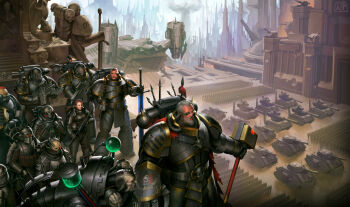  1girl 6+boys adeptus_astartes adeptus_mechanicus aircraft_artillery armor armored_boots army artist_logo astra_militarum beard bolter boots breastplate brown_hair building cable candle chain city claw_(weapon) cloak commentary cross cyborg elijah_arhpriest energy_sword english_commentary facial_hair faulds fortress full_armor full_body gauntlets greaves grey_hair hammer hazard_stripes helmet highres holding holding_bolter holding_hammer holding_sword holding_weapon imperial_aquila iron_cross iron_warriors logo male_focus military_uniform military_vehicle motor_vehicle multiple_boys no_headwear old orange_hair parade pauldrons pelvic_curtain power_armor red_cloak red_hair science_fiction self-propelled_artillery shoulder_armor skeleton skull skull_ornament skull_print skyscraper soldier spacecraft spiked_spine statue sword tank unworn_headwear unworn_helmet war_hammer warhammer_40k weapon 