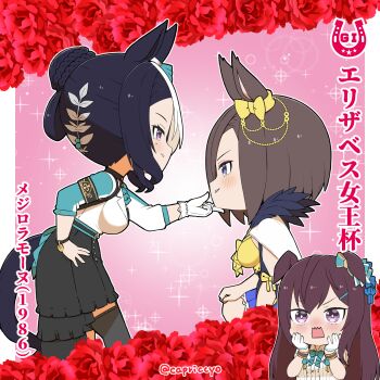  3girls air_groove_(empress_road)_(umamusume) air_groove_(umamusume) animal_ears black_hair black_skirt black_thighhighs blue_bow blue_eyes blue_skirt blush bow braid breasts brown_hair capriccyo center_frills chibi collared_shirt commentary_request dress_shirt ear_bow ears_down eye_contact flower frills gloves hair_between_eyes hair_bun hand_on_own_hip highres horse_ears horse_girl horse_tail jacket large_breasts long_sleeves looking_at_another mejiro_dober_(off_the_line)_(umamusume) mejiro_dober_(umamusume) mejiro_ramonu_(umamusume) mole mole_under_eye multicolored_hair multiple_girls pink_background profile puffy_long_sleeves puffy_sleeves purple_eyes red_flower red_rose rose shirt skirt sleeveless sleeveless_shirt sparkle_background tail thighhighs translation_request two-tone_hair umamusume white_gloves white_hair white_jacket white_shirt yellow_shirt 