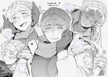  1boy artist_name axis_powers_hetalia blush buttons cellphone clenched_hand closed_eyes closed_mouth commentary covered_mouth down_jacket flower flying_sweatdrops fur-trimmed_jacket fur_trim gloves greyscale half-closed_eyes hand_on_own_face hands_on_own_face hands_up hat holding holding_phone jacket long_sleeves looking_at_phone looking_at_viewer male_focus monochrome multiple_views official_alternate_costume open_clothes open_jacket open_mouth phone puffy_long_sleeves puffy_sleeves qia_li russia_(hetalia) scarf simple_background smartphone smile symbol-only_commentary teeth upper_body 