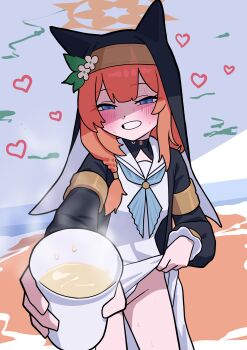  1girl blue_archive blue_eyes blush clothes_lift cup dress dress_lift giving grin highres long_hair looking_at_viewer mari_(blue_archive) nun okokorika orange_hair pee presenting smile steam  rating:Questionable score:26 user:ssfl