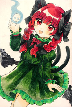  1girl :d absurdres animal_ears bad_id bad_pixiv_id black_bow blunt_bangs bow braid cat_ears cat_girl cat_tail commentary_request cowboy_shot dress fire flaming_skull frilled_dress frilled_sleeves frills green_dress hair_bow hand_up highres juliet_sleeves kaenbyou_rin long_hair long_sleeves looking_at_viewer maa_(forsythia1729) multiple_tails open_mouth puffy_sleeves red_eyes red_hair simple_background skull smile solo tail touhou twin_braids two_tails white_background 