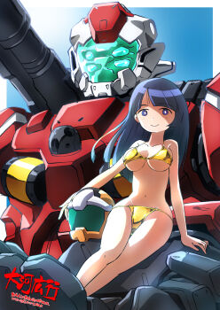  1girl alternate_hairstyle assault_visor bikini black_hair blue_eyes bob_cut breasts closed_mouth commentary_request gold_bikini green_visor gundam gundam_gquuuuuux helmet highres large_breasts light_type_guncannon long_hair looking_at_viewer mecha mecha_focus mobile_suit robot science_fiction shiiko_sugai smile string_bikini swimsuit taiga_hiroyuki unworn_headwear unworn_helmet 