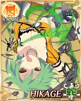  1girl arm_holster aura between_fingers border breast_tattoo breasts card_(medium) character_name cleavage denim game_cg green_hair hikage_(senran_kagura) hip_tattoo holding holding_knife jeans knife knife_sheath knives_between_fingers kunai large_breasts leg_holster long_tongue looking_at_viewer low_neckline medium_hair midair navel official_art open_fly orange_shirt pants senran_kagura senran_kagura_new_wave sheath shirt shoulder_tattoo slit_pupils snake_tattoo solo tattoo third-party_source tongue tongue_out torn_clothes torn_jeans torn_pants weapon yellow_eyes 